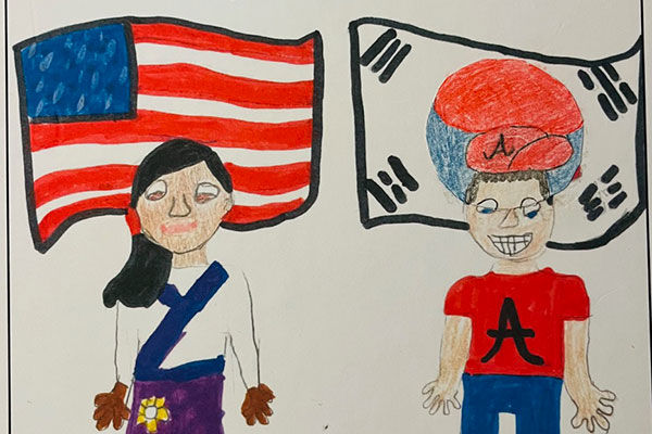 child's drawing with US and Korean flags